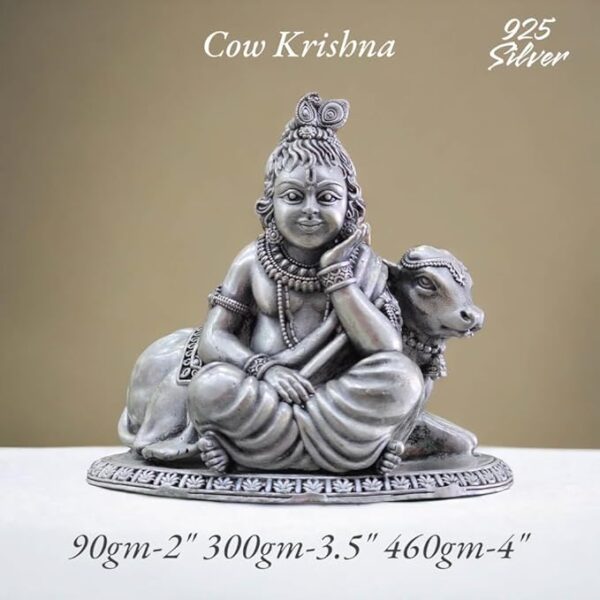 Shree Krishna Idol in Pure 925 Silver/Shree Krishna Cow Statue in Silver Hindu Religion God Sculpture Festival 2 Inch (90 GMS)
