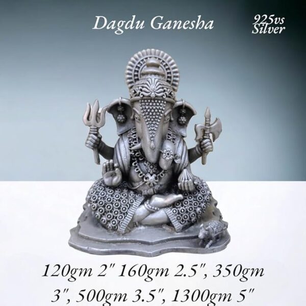 Shreemant Dagdusheth Halwai Ganesh Idol in Pure 925 Silver/Dagdu Sheth Ganpati in Silver Hindu Religion God Idol Sculpture Statue (2 Inch (120 GMS))