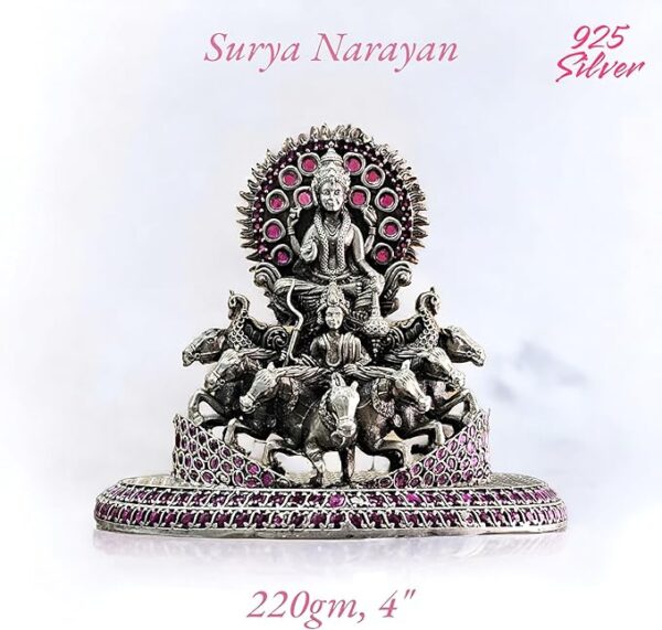 Surya Narayan Idol in Pure 925 Silver/Surya Rath Chariot Statue in Silver Hindu Religion God Idol Sculpture Statue 4 Inch (220 GMS)