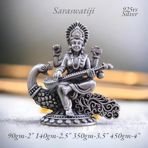 Saraswati Idol in Pure 925 Silver/Sarasvati MATA Statue in Silver Hindu Religion Goddess Idol Sculpture Statue 2 Inch (90 GMS)