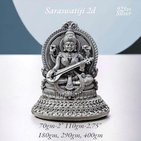 Saraswati Idol in Pure 925 Silver/Sarasvati MATA Statue in Silver Hindu Religion Goddess Idol Sculpture Statue 2 Inch (70 GMS)