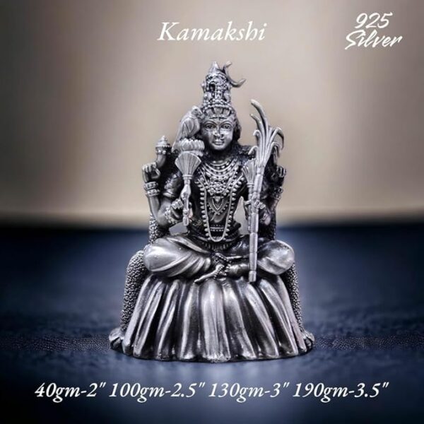Kamakshi Devi Idol in Pure 925 Silver/Goddess Kamakshi Idol in Silver Hindu Religion God Idol Sculpture Statue 2 Inch (40 GMS)