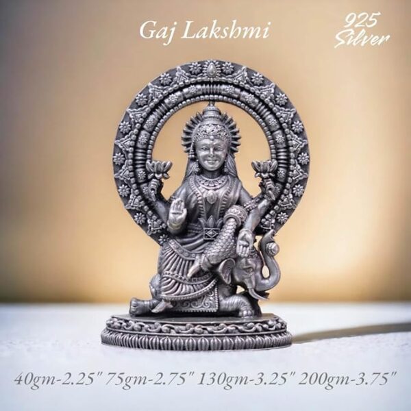 Gaj Laxmi Idol in Pure 925 Silver/Gaja Laxmi Statue in Silver Hindu Religion Goddess Sculpture 2.25 Inch (40 GMS)