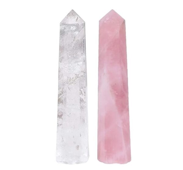 Pink Rose Quartz Wand & Clear Quartz Crystal Wand Point 6 Faceted Reiki Chakra Healing Meditation Therapy - 3 Inch
