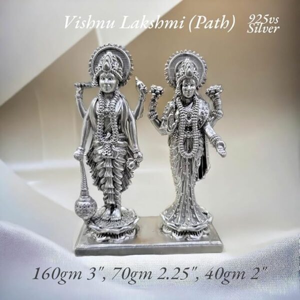 Vishnu Laxmi Idol in Pure 925 Silver/Laxmi Narayan Statue in Silver Hindu Religion God Sculpture 2,2.25,3 Inch (40, 70, 160, GMS)