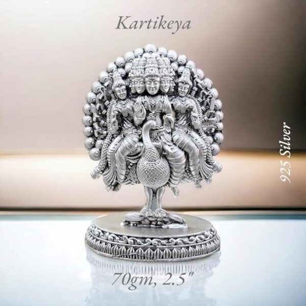 Lord Karthikeya Idol in Pure 925 Silver/Lord Kartikeya Murugan Statue in Silver Hindu Religion Sculpture 2.50 Inch (70 GMS)