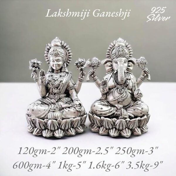 Ganesh Laxmi Idol in Pure 925 Silver/Ganesh Laxmi Statue in Silver Hindu Religion God Sculpture Diwali Festival 2 Inch (120 GMS)