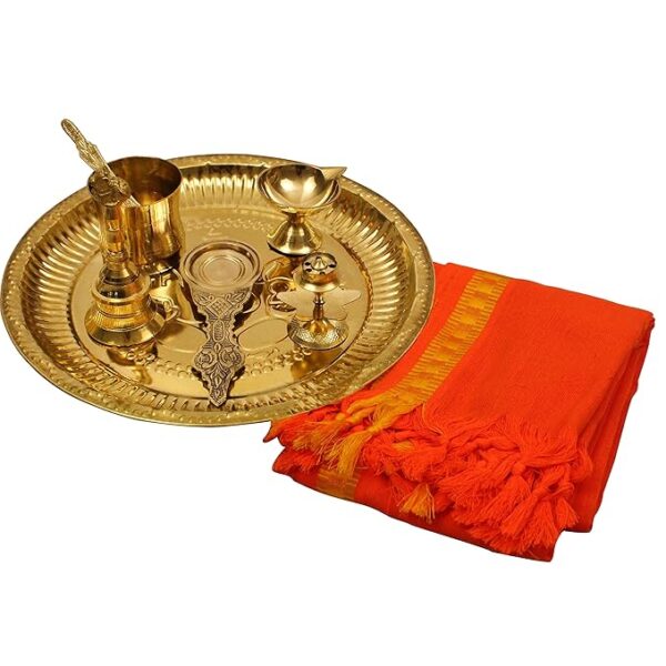 Traditional Handcrafted Brass Puja | Pooja Thali Set | Arati | Arathi | Arthi | Arti | Arathi | Bartan Thambulam Plate(10 inch)- Ganesha Puja Set with puja Cloth