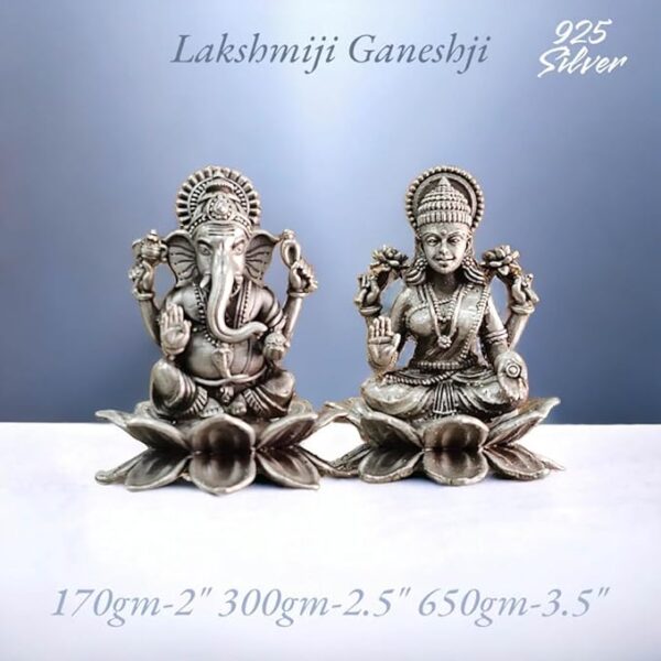 Ganesh Laxmi Idol in Pure 925 Silver/Ganesh Laxmi Statue in Silver Hindu Religion God Sculpture Diwali Festival 2 Inch (170 GMS)