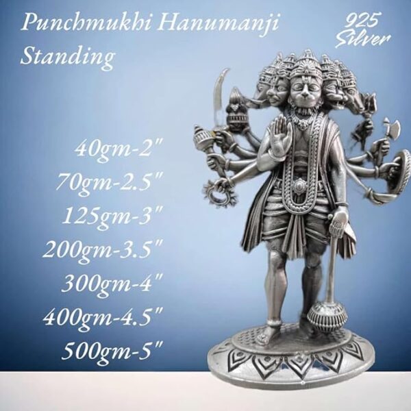 Panchmukhi Hanuman Idol in Pure 925 Silver/Bajrangbali Statue in Silver Hindu Religion God Idol Sculpture Statue 2 Inch (40 GMS)