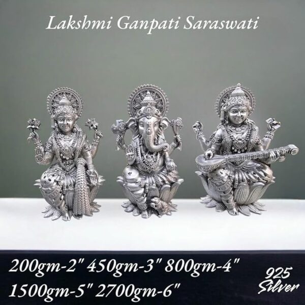 Ganesh Laxmi Saraswati Idol in Pure 925 Silver/Ganpati Lakshmi Sarasvati Trimurti Statue in Silver Hindu Religion God Sculpture (2 Inch (200 GMS))