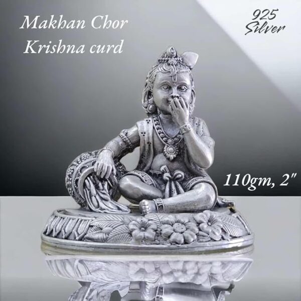 Makhan Chor Bal Gopal Idol in Pure 925 Silver/Ladoo Gopal Statue in Silver Hindu Religion God Sculpture 2 Inch (110 GMS)