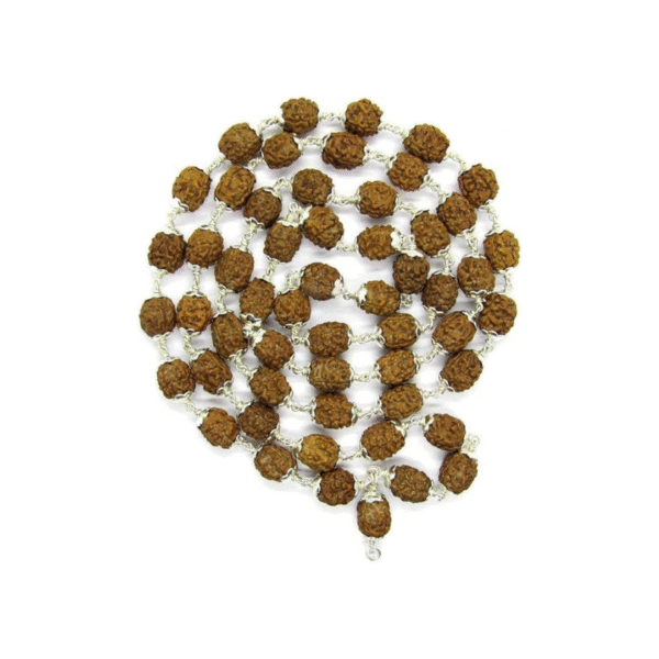3 Mukhi Indonesian Rudraksha Mala 54 Beads in Silver (9mm-11mm) Lab Certified