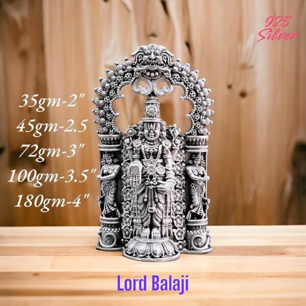 Balaji Idol in Pure 925 Silver/Lord Tirupati Balaji Venkateshwara in Silver Hindu Religion God Idol Sculpture Statue 3 Inch (72 GMS)