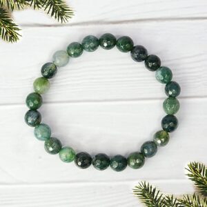 Certified Moss Agate Bracelet Crystal Bracelet Diamond Cut 8 mm Stone Bracelet for Reiki Healing and Crystal Healing Stones Bracelet (Color : Green)
