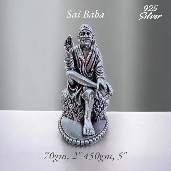 Sai Baba Idol in Pure 925 Silver/Shirdi SaiBaba Statue in Silver Hindu Religion God Idol Sculpture Statue (2 Inch (70 GMS))