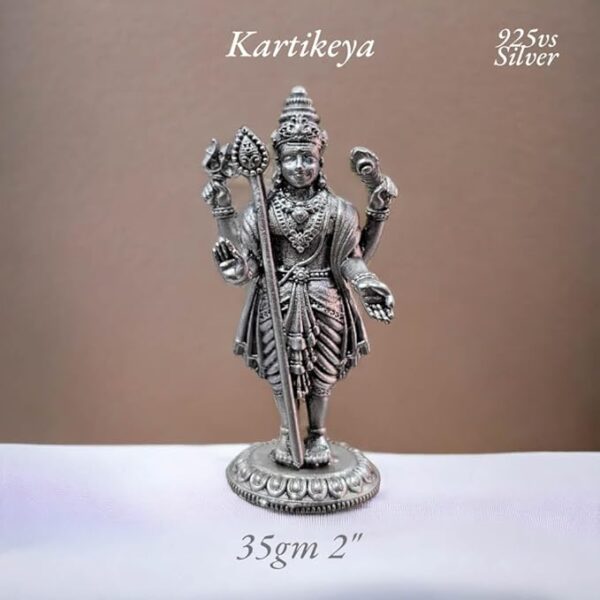 Lord Karthikeya Idol in Pure 925 Silver/Lord Kartikeya Murugan Statue in Silver Hindu Religion Sculpture 2 Inch (35 GMS)