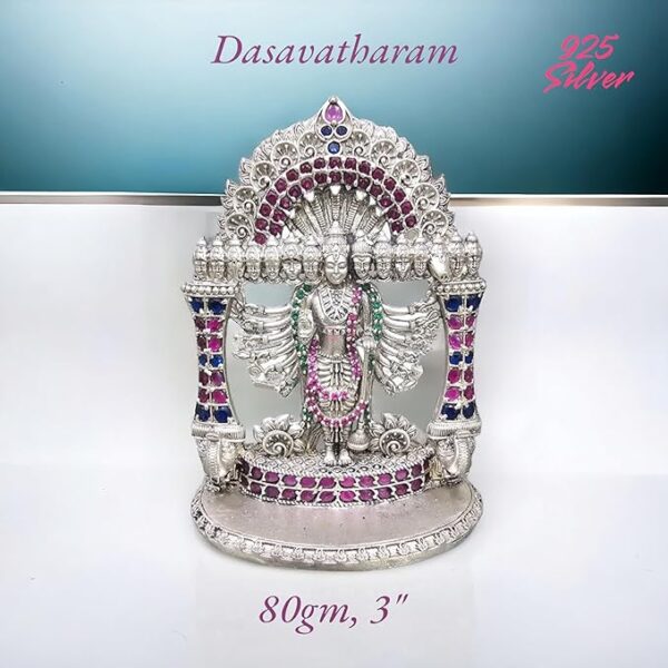 Dasavatharam Idol in Pure 925 Silver/Lord Vishnu Dashavtar Statue in Silver Hindu Religion God Idol Sculpture 3 Inch (80 GMS)