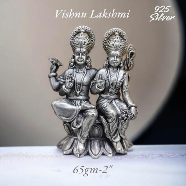 Vishnu Laxmi Idol in Pure 925 Silver/Laxmi Narayan Statue in Silver Hindu Religion God Sculpture 2 Inch (65 GMS)