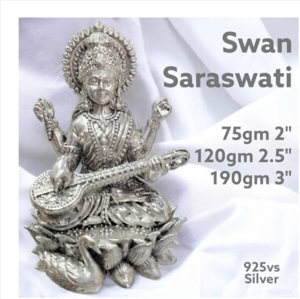 Saraswati Idol in Pure 925 Silver/Sarasvati MATA Statue in Silver Hindu Religion Goddess Idol Sculpture Statue 2 Inch (75 GMS)