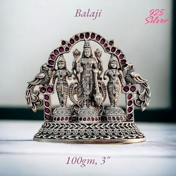 Balaji Idol in Pure 925 Silver/Lord Tirupati Balaji Venkateshwara in Silver Hindu Religion God Idol Sculpture Statue 3 Inch (100 GMS)