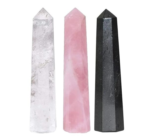 Rose Quartz Clear Quartz Black Tourmaline Crystals Pencils Wand Set for Reiki Healing and Grid Making Set of 3