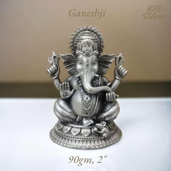 Ganesh Idol in Pure 925 Silver/Ganpati Statue in Silver Hindu Religion God Idol Sculpture Statue 2 Inch (90 GMS)