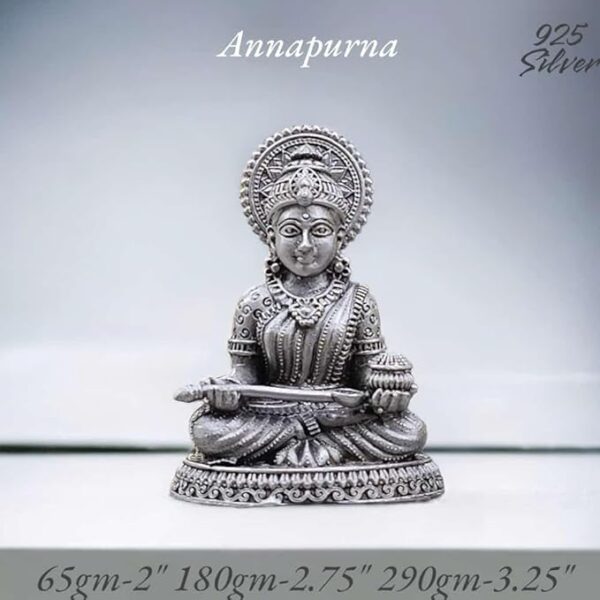 Annapurna Devi Idol in Pure 925 Silver/Goddess Annapoorna Idol in Silver Hindu Religion God Idol Sculpture Statue 2 Inch (65 GMS)