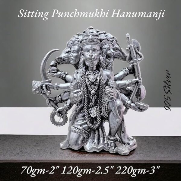 Panchmukhi Hanuman Idol in Pure 925 Silver/Bajrangbali Statue in Silver Hindu Religion God Idol Sculpture Statue 2 Inch (70 GMS)