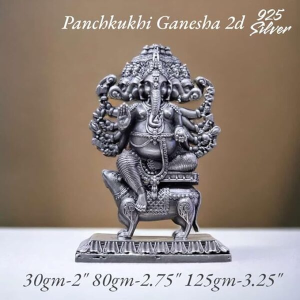 Panchmukhi Ganesh Idol in Pure 925 Silver/Ganpati Statue in Silver Hindu Religion God Idol Sculpture Statue 3.25 Inch (125 GMS)