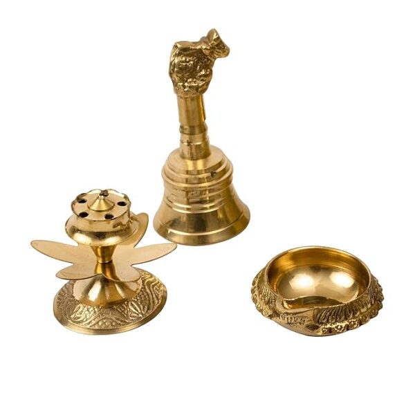 Traditional Brass Combo of Nandi Bell | Ghanti Incense Stick Holder | Agarbatti Dhoop, Kapoor Aarti Spoon and Brass Diya for Puja(KUBER-BKD)