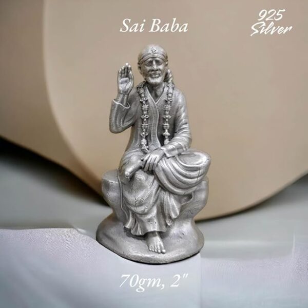 Sai Baba Idol in Pure 925 Silver/Shirdi SaiBaba Statue in Silver Hindu Religion God Idol Sculpture Statue 2 Inch (70 GMS)