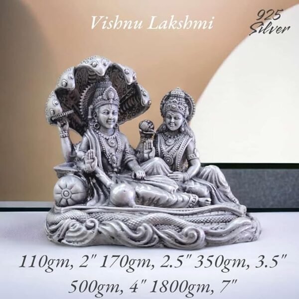 Vishnu Laxmi Idol in Pure 925 Silver/Laxmi Narayan Statue in Silver Hindu Religion God Sculpture