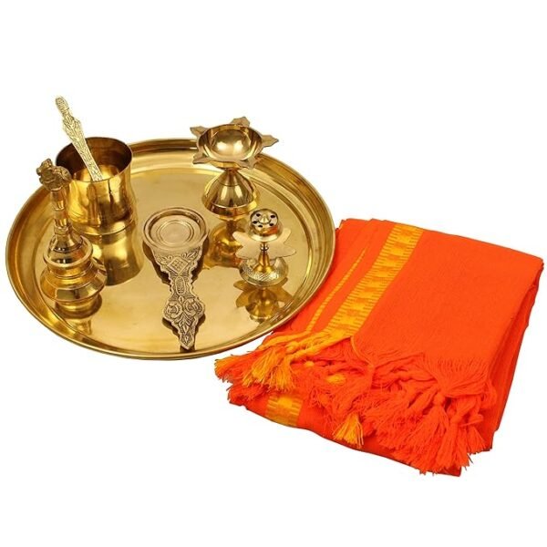 Traditional Handcrafted Brass Puja | Pooja Thali | Arati | Arathi | Arthi | Arti | Arathi | Bartan Thambulam Plate Set for Several Occasions - Plain Plate Puja Set with Cloth