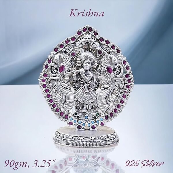 Shree Krishna Idol in Pure 925 Silver/Shree Krishna Statue in Silver Hindu Religion God Sculpture Festival