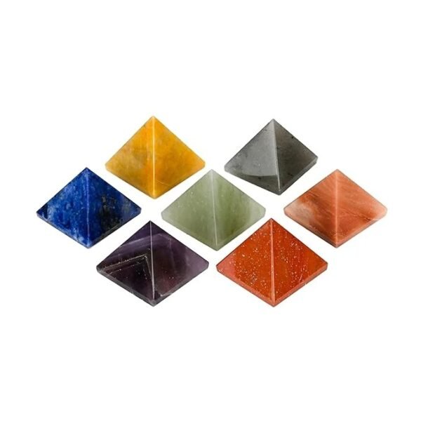 Seven Chakra Pyramid Set Amethyst, Grey Stone, Lapis, Jade, Yellow Aventurine, Carnelian, Red Jasper for Vastu Feng Shui Healing