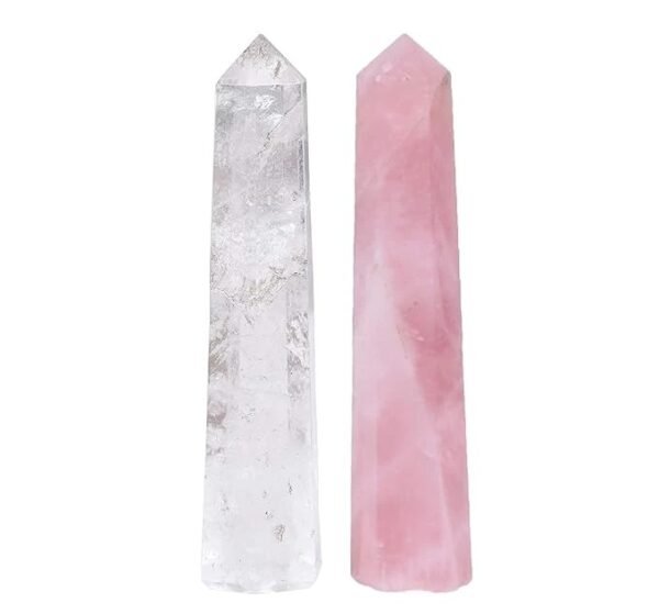 Pink Rose Quartz Wand & Clear Quartz Crystal Wand Point 6 Faceted Reiki Chakra Healing Meditation Therapy - 3 Inch