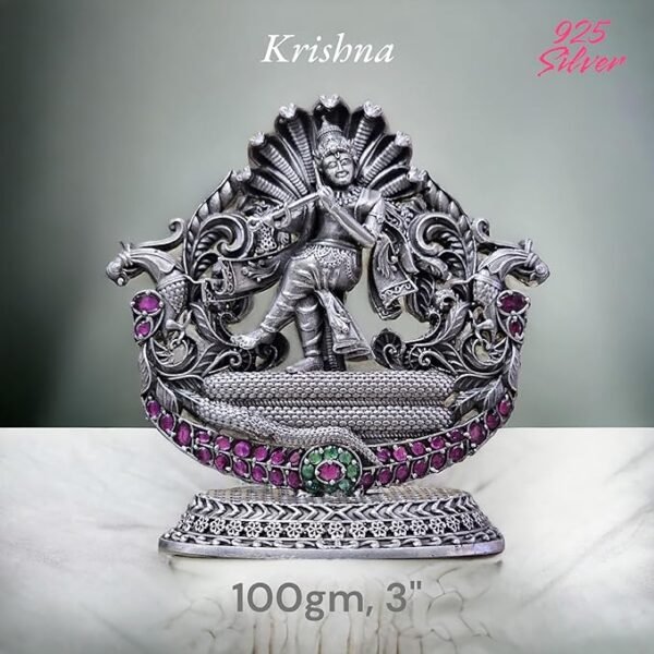 Shree Krishna Idol in Pure 925 Silver/Shree Krishna Statue in Silver Hindu Religion God Sculpture Festival