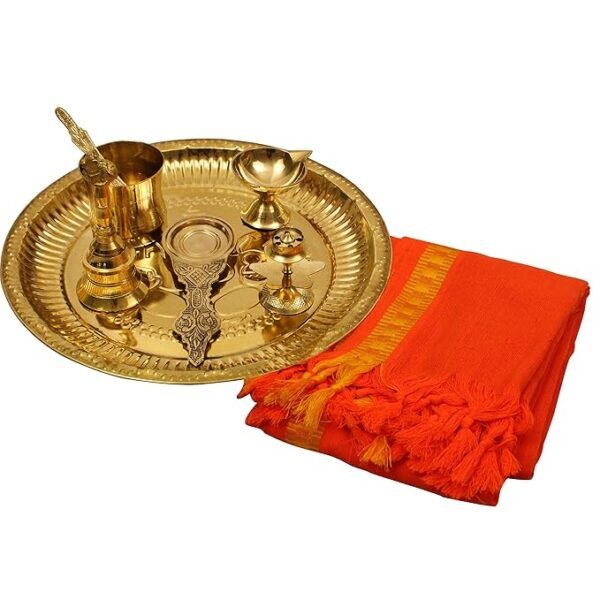 Traditional Handcrafted Brass Puja | Pooja Thali Set | Arati | Arathi | Arthi | Arti | Arathi | Bartan Thambulam Plate(10 inch)- Ganesha Puja Set with puja Cloth