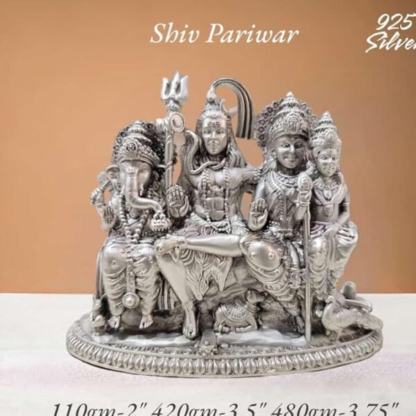 Shiv Parivar Idol in Pure 925 Silver/Shiv Parvati Ganesh Karthikeya Family Statue in Silver Hindu Religion