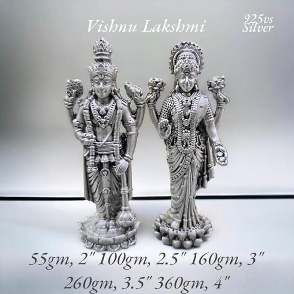 Vishnu Laxmi Idol in Pure 925 Silver/Laxmi Narayan Statue in Silver Hindu Religion God Sculpture