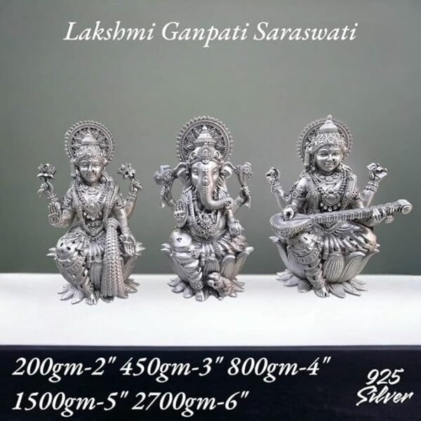 Ganesh Laxmi Saraswati Idol in Pure 925 Silver/Ganpati Lakshmi Sarasvati Trimurti Statue in Silver Hindu Religion God Sculpture (2 Inch (200 GMS))