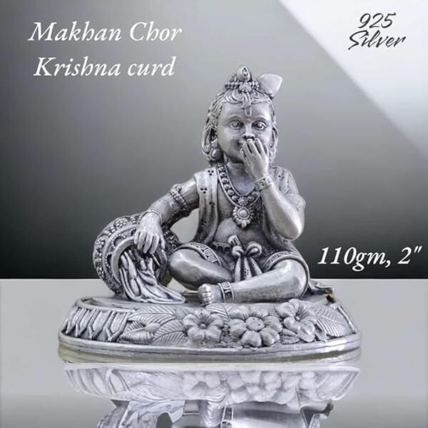 Makhan Chor Bal Gopal Idol in Pure 925 Silver/Ladoo Gopal Statue in Silver Hindu Religion God Sculpture