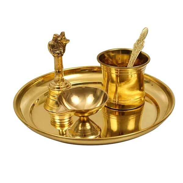 Traditional Handcrafted Brass Puja | Pooja Thali Set | Arati | Arathi | Arthi | Arti | Arathi | Bartan Thambulam Plateset for several occasions- Plain Plate 7 inch Puja Set(Diya bell Panchamurt Spoon)