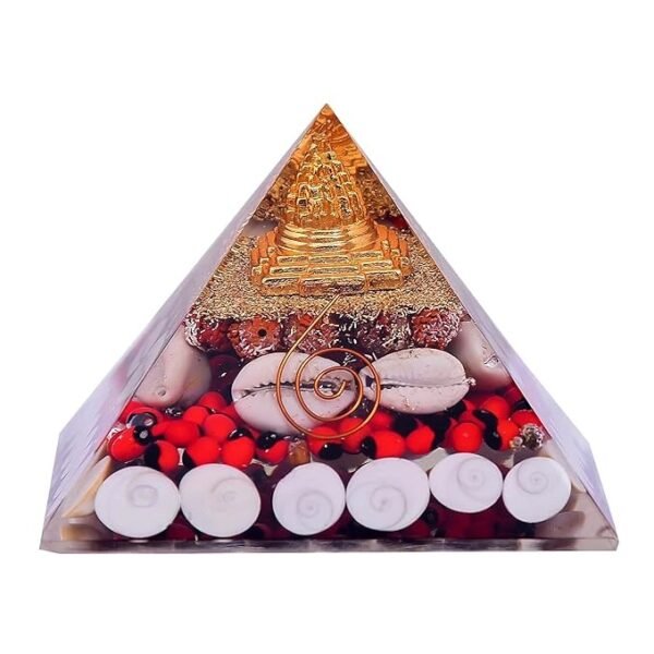 Resin Gomti Chakra Shree Yantra with Red Chirmi (Gunja) Beads and Rudraksha Cowrie Kodi Maha Laxmi Pyramid | Natural Orgonite Spiritual Energy Healing Reiki Vastu & Pooja | 250g, 8x9inch