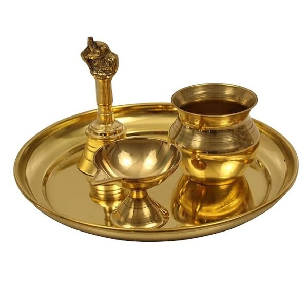 Traditional Handcrafted Brass Puja | Pooja Thali | Arati | Arathi | Arthi | Arti | Arathi | Bartan Thambulam Plate Set for Several Occasions- Plain Plate Small Puja Set(Diya Bell Lota)
