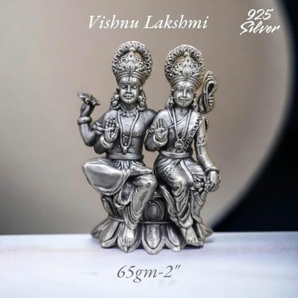 Vishnu Laxmi Idol in Pure 925 Silver/Laxmi Narayan Statue in Silver Hindu Religion God Sculpture