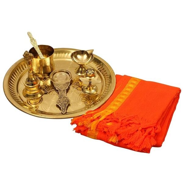 Traditional Handcrafted Brass Puja | Pooja Thali | Arati | Arathi | Arthi | Arti | Arathi | Bartan Thambulam Plateset for Several Occasions- Ring Plate Puja Set with puja Cloth