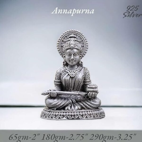Annapurna Devi Idol in Pure 925 Silver/Goddess Annapoorna Idol in Silver Hindu Religion God Idol Sculpture Statue