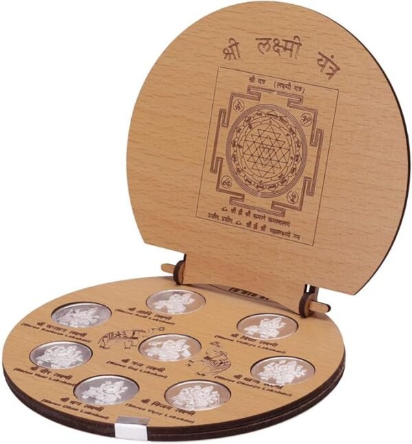 Shri Astha Laxmi Darshan in Pure Silver 999 Set of 8 Silver Coins with Yantra in Wooden Frame
